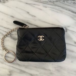 Authentic Chanel Black Lambskin Leather Quilted Coin Purse Key Ring